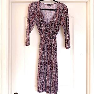 Laksmi faux wrap dress Womens L red white blue stretch comfort office Career